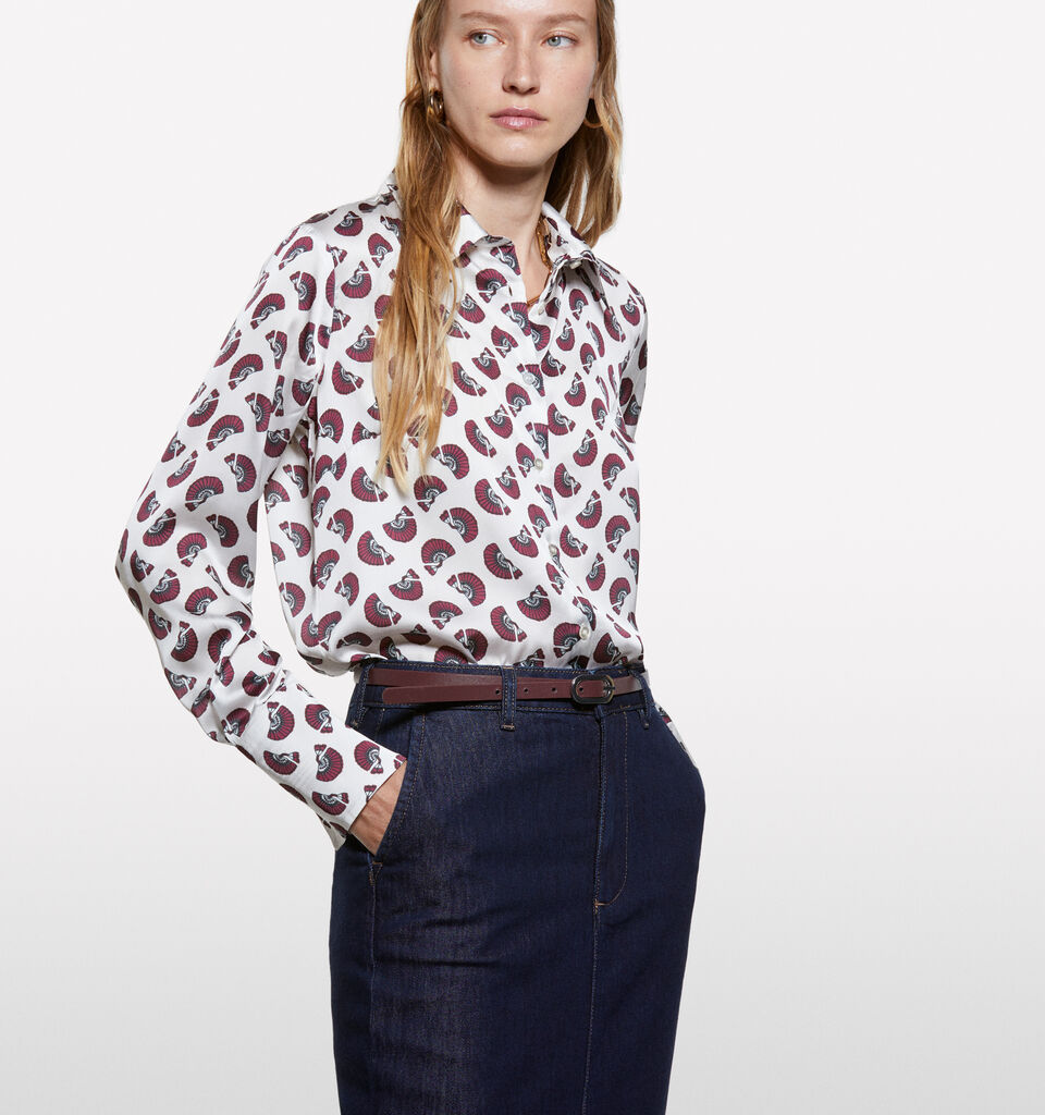 Cream white shirt in printed satin - women's shirts - Creamy White | Sisley image number 3